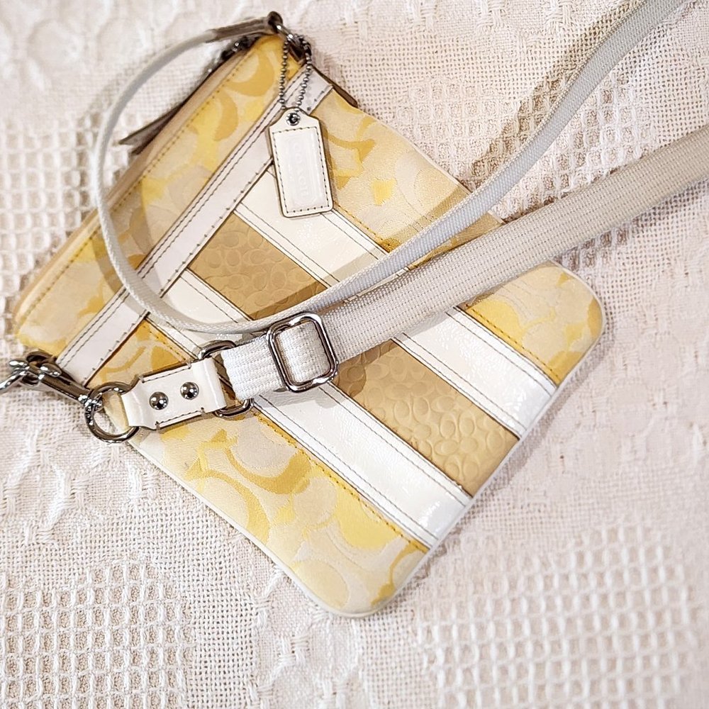 Coach Signature Stripe Yellow C Canvas Logo White Leather Crossbody Purse Bag - Picture 11 of 13